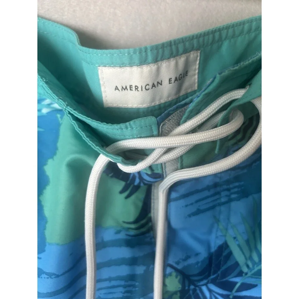 American Eagle Mens Large Tropical Palm Leaf Swim Trunks Blue‎ Beach Shorts